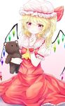  ascot bangs blonde_hair blush bow buttons closed_mouth collar flandre_scarlet frilled_collar frills hand_on_own_chin hat hat_bow highres holding holding_stuffed_animal kisamu_(ksmz) looking_at_viewer mob_cap red_bow red_eyes red_skirt short_sleeves side_ponytail simple_background skirt skirt_set smile solo stuffed_animal stuffed_toy teddy_bear touhou white_background white_hat wristband 