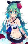  adapted_costume armband belt belt_buckle bikini bikini_skirt black_bikini blush bracelet breasts buckle cleavage criss-cross_halter flower food green_eyes green_nails hair_between_eyes hair_flaps hair_flower hair_ornament hair_ribbon hairclip halterneck jewelry kantai_collection lifebuoy long_hair looking_at_viewer medium_breasts nail_polish navel parted_lips pleated_skirt ponytail popsicle ribbon shirokitsune simple_background skirt solo swimsuit very_long_hair white_background white_belt wristband yamakaze_(kantai_collection) 