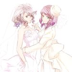  alisha_diphda brown_hair dress gloves green_eyes hair_between_eyes hat holding_hands long_hair looking_at_viewer mini_hat mishiro_(andante) multiple_girls rose_(tales) see-through simple_background sketch sleeveless sleeveless_dress strapless strapless_dress tales_of_(series) tales_of_zestiria wedding_dress white_background white_dress white_gloves white_hat wife_and_wife yuri 