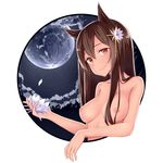  animal_ears breasts brown_eyes brown_hair closed_mouth commentary fox_ears full_moon hand_up long_hair looking_at_viewer medium_breasts moon nipples nude original outdoors petals pspmaru simple_background smile solo white_background 