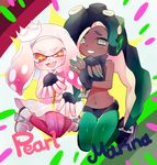  2017 beauty_mark blush boots cephalopod clothing crown dark_skin dress duo english_text female fingerless_gloves footwear gloves green_eyes hair headphones humanoid inkling jacket marina_(splatoon) marine mask nintendo not_furry octoling octopus pearl_(splatoon) short_hair splatoon squid tentacle_hair tentacles text video_games yellow_eyes たいむ 