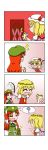  &gt;_&lt; 3girls 4koma ? ^_^ absurdres bangs blonde_hair braid chibi chinese_clothes closed_eyes comic commentary_request door dress eyebrows_visible_through_hair eyes_closed fairy_wings fangs flandre_scarlet flat_cap green_vest hand_behind_head hat hat_ribbon head_wreath highres holding_person holding_wreath hong_meiling lily_white long_hair mob_cap motion_lines multiple_girls no_hat no_headwear o_o open_mouth outstretched_arms parted_bangs pink_dress pointing puffy_short_sleeves puffy_sleeves rakugaki-biyori rapeseed_blossoms red_hair red_vest ribbon shirt short_hair short_sleeves side_ponytail silent_comic solid_oval_eyes spoken_question_mark spread_arms star sweatdrop touhou twin_braids very_long_hair vest white_shirt wings 