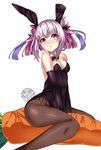  animal_ears black_bow black_gloves black_legwear black_leotard black_neckwear bow bowtie bunny_ears bunny_tail bunnysuit carrot detached_collar elbow_gloves fishnet_pantyhose fishnets gloves haku_(p&amp;d) highres leotard multicolored_hair pantyhose pillow purple_hair puzzle_&amp;_dragons red_eyes riding setu_(shining12) short_hair simple_background solo strapless strapless_leotard tail two-tone_hair white_background wrist_cuffs 