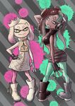  2017 beauty_mark boots cephalopod clothing crown dark_skin dress duo female fingerless_gloves footwear gloves green_eyes hair headphones hi_res humanoid inkling jacket marina_(splatoon) marine mask nintendo not_furry octoling octopus pearl_(splatoon) pose short_hair smile splatoon squid tentacle_hair tentacles video_games yellow_eyes 黒井ススム＠お仕事募集中 