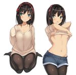  black_hair black_legwear blue_eyes breasts hairband kureha_(ironika) legwear_under_shorts medium_breasts medium_hair multiple_views navel no_bra no_shoes original pantyhose pantyhose_under_shorts polka_dot polka_dot_hairband shiny shiny_hair shirt_lift short_shorts shorts simple_background sitting sleeves_past_wrists stomach tsubasa_(kureha) underboob undressing wariza white_background 