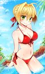  ahoge bikini blonde_hair braid breasts cleavage cloud cowboy_shot day dress fate/extra fate_(series) front-tie_top green_eyes hago hair_bun hair_ribbon long_hair looking_at_viewer medium_breasts nero_claudius_(fate) nero_claudius_(fate)_(all) outdoors palm_tree red_bikini red_dress red_ribbon ribbon side-tie_bikini sky smile solo standing swimsuit tree wading water 