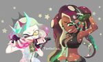  2017 5_fingers beauty_mark breast_size_difference breasts cephalopod clothing crown dark_skin dress duo eyebrows eyelashes female fingerless_gloves flat_chested gloves green_eyes hair headphones hi_res humanoid inkling jacket long_hair marina_(splatoon) marine mask midriff navel navel_piercing nintendo not_furry octoling octopus one_eye_closed pearl_(splatoon) piercing short_hair smile splatoon squid tentacle_hair tentacles video_games wink yellow_eyes しぶ 