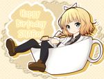  aqua_eyes bangs black_hairband black_legwear black_shirt blazer blonde_hair blunt_bangs blush brown_footwear cake character_name closed_mouth coffee collared_shirt commentary_request cup doily english food fork gochuumon_wa_usagi_desu_ka? grey_neckwear hairband happy_birthday holding holding_fork holding_plate in_container in_cup jacket kirima_sharo loafers long_sleeves looking_at_viewer minigirl necktie pantyhose plaid plaid_neckwear plate polka_dot polka_dot_background school_uniform shirt shoes short_hair silhouette smile solo teacup tedeza_rize's_school_uniform wavy_hair wing_collar yellow_background zayaku_(zayakuzazai) 