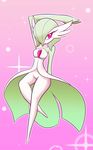  1girl arm_behind_head arm_up breasts breasts_outside collarbone full_body gardevoir gradient gradient_background green_hair hair_over_one_eye highres looking_away medium_breasts no_humans no_nipples open_mouth pink_background pink_eyes pokemon pokemon_(creature) pokemon_rse short_hair simple_background solo zedrin 