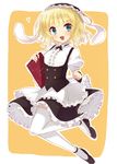  :d animal_ears apron bad_id bad_pixiv_id bangs black_skirt blonde_hair blue_eyes blunt_bangs blush bolo_tie border breasts bunny_ears collared_shirt eyebrows_visible_through_hair fake_animal_ears fleur_de_lapin_uniform floppy_ears frilled_apron frilled_cuffs frilled_shirt frilled_skirt frills full_body gochuumon_wa_usagi_desu_ka? heart highres hiraga_pikurosu holding_menu kirima_sharo leg_up looking_at_viewer maid_headdress menu open_mouth outline outside_border puffy_short_sleeves puffy_sleeves shirt short_hair short_sleeves skirt small_breasts smile solo underbust uniform waist_apron wavy_hair white_apron white_border white_outline white_shirt wing_collar wrist_cuffs yellow_background 