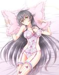  ayumu_(ayumumkrg) bed_sheet black_hair bow breasts collarbone cowboy_shot fishnet_legwear fishnets flower_knight_girl frills from_above hair_bow large_breasts lingerie long_hair lying on_back pillow smile solo thigh_strap thighhighs tsukimisou_(flower_knight_girl) underwear very_long_hair white_bow yellow_eyes 