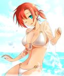  ;d bikini boudica_(fate/grand_order) breasts cimeri cleavage cowboy_shot dress_shirt fate/grand_order fate_(series) front-tie_top green_eyes large_breasts o-ring o-ring_bottom one_eye_closed open_mouth red_hair see-through shirt short_hair short_ponytail smile solo swimsuit white_bikini 