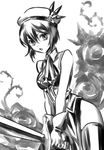  1girl bare_shoulders breasts chloe_valens cravat dress flower hat monochrome rose short_hair sword tales_of_(series) tales_of_legendia thighhighs weapon 