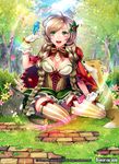  ahoge bird bow bowtie braid breasts bunny cleavage copyright_name day flower force_of_will fox full_body grass green_eyes green_ribbon hair_ornament hair_ribbon hood large_breasts leaf little_red_riding_hood_(force_of_will) long_hair matsurika_youko official_art open_mouth petals ribbon ribbon_braid sitting sky solo teeth thighhighs tree twin_braids 