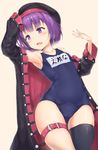  alternate_costume armpits ass_visible_through_thighs beige_background belt black_hat black_legwear coat cowboy_shot fate/grand_order fate_(series) hat helena_blavatsky_(fate/grand_order) highres leg_belt long_sleeves looking_to_the_side name_tag one-piece_swimsuit purple_eyes purple_hair reinama school_swimsuit short_hair simple_background single_thighhigh skindentation solo swimsuit thigh_gap thighhighs 