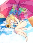  anklet ass bare_arms bare_legs barefoot beach_towel bikini blonde_hair blue_bikini flandre_scarlet flower hair_ornament hair_scrunchie holding holding_flower jewelry looking_at_viewer lying noala on_side open_mouth parasol red_eyes scrunchie smile solo star sunflower swimsuit touhou towel umbrella wings wrist_cuffs 
