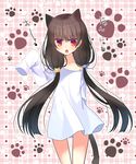  animal_ears black_hair blush cat_ears cat_tail izumi_makoto long_hair long_sleeves looking_at_viewer low_twintails naked_shirt off_shoulder open_mouth original paws red_eyes shirt sleeves_past_wrists standing tail twintails very_long_hair 