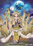  banamons bird blonde_hair bow circlet copyright_name earrings facial_tattoo force_of_will fur_trim jewelry long_hair moon navel official_art planet praying seiza sitting sky solo sparkle staff star_(sky) tattoo teeth thighhighs 
