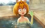  animal_ears blonde_hair cerval collarbone commentary corruption green_skin hair_between_eyes kemono_friends looking_at_hand nude onsen open_mouth partially_submerged serval_(kemono_friends) serval_ears shocked_eyes short_hair signature solo source_quote surprised upper_body water wavy_mouth welt_(kinsei_koutenkyoku) wet wet_hair wooden_floor yellow_eyes 
