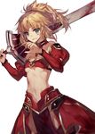  bandeau blonde_hair blood blood_on_face blush breasts chocoan clarent detached_sleeves fate/apocrypha fate_(series) green_eyes highres holding holding_sword holding_weapon long_hair looking_at_viewer medium_breasts midriff mordred_(fate) mordred_(fate)_(all) navel open_mouth over_shoulder pelvic_curtain ponytail simple_background solo standing sword sword_over_shoulder tongue underboob weapon weapon_over_shoulder white_background 