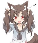  animal_ears blush brown_hair commentary_request dress eighth_note fangs imaizumi_kagerou jpeg_artifacts long_hair looking_at_viewer musical_note natsu_no_koucha open_mouth simple_background smile solo spoken_musical_note tail touhou twintails white_background wolf_ears wolf_tail 