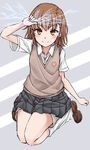  biribiri brown_eyes brown_hair electricity highres loafers misaka_mikoto nomaru school_uniform shoes smile socks solo sweater_vest to_aru_kagaku_no_railgun to_aru_majutsu_no_index tokiwadai_school_uniform white_legwear 