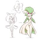  1girl arrow blush breast_hold breasts full_body gardevoir green_hair hand_to_own_mouth hand_up hands_up highres kirlia large_breasts looking_down looking_up multiple_views no_humans pink_eyes pokemon pokemon_(creature) pokemon_rse sad short_hair simple_background small_breasts smile solo standing white_background wide_hips zedrin 