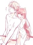  1boy 1girl animal_ears blush briefs cat_ears cat_tail hands_on_another's_shoulders izumi_makoto long_hair male_underwear naked_shirt open_mouth original shirt sketch tail underwear very_long_hair 