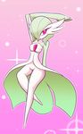 1girl arm_behind_head arm_up breasts breasts_outside collarbone full_body gardevoir gradient gradient_background green_hair hair_over_one_eye highres looking_away medium_breasts nipples no_humans open_mouth pink_background pink_eyes pokemon pokemon_(creature) pokemon_rse pussy short_hair simple_background solo uncensored zedrin 