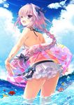  astolfo_(fate) back beach bikini bikini_skirt black_bow blush bow braid cloud collarbone day fang fate/apocrypha fate/grand_order fate_(series) flower frilled_bikini frills front-tie_bikini front-tie_top hair_ribbon ikegami_akane light_rays long_hair looking_back male_focus midriff navel ocean one_eye_closed otoko_no_ko outdoors pink_hair purple_eyes ribbon single_braid sky stomach sunbeam sunlight swimsuit very_long_hair white_bikini 