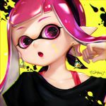  :o ao+beni domino_mask earrings inkling jewelry long_hair looking_at_viewer mask off_shoulder paint_splatter pink_eyes pink_hair pointy_ears signature simple_background splatoon_(series) tentacle_hair tetrahedron upper_body yellow_background 
