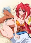  ass bare_shoulders bikini breasts cleavage dark_skin grey_eyes grey_hair grin loni_dunamis midriff nanaly_fletch open_mouth red_eyes red_hair sand short_hair tales_of_(series) tales_of_destiny_2 tattoo topless trunks twintails very_long_hair 
