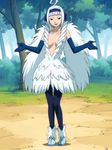  angel_(fairy_tail) breasts cleavage dress elbow_gloves fairy_tail feathers forest gloves grey_eyes headband highres looking_at_viewer screencap silver_hair smile solo stitched wings 