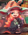  baggy_clothes ebii_(splatoon) eyelashes green_eyes hat long_hair mantis_shrimp miura_(splatoon) one_eye_closed orange_hair sandals sea_slug signature smile splatoon_(series) splatoon_2 