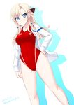  bad_id bad_pixiv_id blonde_hair blue_eyes braid competition_swimsuit dakku_(ogitsune) high_school_fleet jacket jacket_over_swimsuit long_hair one-piece_swimsuit red_swimsuit solo standing swimsuit wilhelmina_braunschweig_ingenohl_friedeburg 