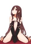  1girl bare_shoulders barefoot between_legs black_gloves blush breasts brown_hair center_opening collarbone commentary_request consort_yu_(fate) earrings elbow_gloves eyebrows_visible_through_hair fate/grand_order fate_(series) full_body gloves hand_between_legs head_tilt i.u.y jewelry long_hair navel own_hands_together red_eyes revealing_clothes simple_background sitting small_breasts solo tareme v-shaped_eyebrows very_long_hair wariza white_background 