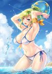  armband armpits arms_up ball bangs beachball bikini blue_eyes blue_sky blush breasts cleavage cloud cloudy_sky collarbone condensation_trail day green_hair hair_ornament hair_scrunchie large_breasts looking_at_viewer makirin navel open_mouth outdoors ponytail scrunchie sennen_sensou_aigis short_hair short_ponytail side-tie_bikini sidelocks sky smile solo sparkle string_bikini swept_bangs swimsuit tial_(sennen_sensou_aigis) wading water wet white_bikini 