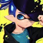  ao+beni blue_eyes blue_hair domino_mask hat ink_tank_(splatoon) inkling looking_at_viewer mask paint_splatter pointy_ears signature simple_background splatoon_(series) upper_body yellow_background 
