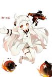  :3 ahoge aircraft airplane artist_name bare_legs barefoot black_panties commentary_request enemy_aircraft_(kantai_collection) highres horns kantai_collection ling_ling_jie long_hair looking_at_viewer mittens northern_ocean_hime orange_eyes outstretched_arms panties shinkaisei-kan simple_background spread_arms teeth translation_request underwear white_background 