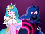  2016 anthro areola big_breasts blue_fur breasts clothed clothing crown cutie_mark disembodied_hand dr._chaos dress drooling equine feathered_wings feathers female friendship_is_magic fur glowing glowing_eyes hair horn horse mammal mind_control multicolored_hair my_little_pony nipples open_mouth partially_clothed pony princess_celestia_(mlp) princess_luna_(mlp) saliva simple_background slit_dress standing tiara tongue white_fur winged_unicorn wings 