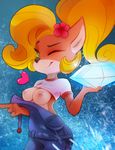  2017 4_fingers absurd_res anthro bandicoot black_nose blonde_hair breasts clothed clothing clothing_lift coco_bandicoot crash_bandicoot_(series) exposed_breasts eyebrows eyelashes female flower flower_in_hair gem green_eyes hair hi_res mammal marsupial nipples one_eye_closed overalls plant ponytail shirt shirt_lift smile solo video_games wink zero-sum 
