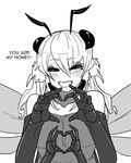  :d antennae bee_girl blush carapace closed_eyes dress english extra_eyes facing_viewer fewer_digits greyscale happy heart heart_hands insect_girl insect_wings less long_hair monochrome monster_girl multiple_arms multiple_wings open_mouth smile solo upper_body wings 