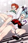  :d arm_up blue_hair blurry blurry_background clenched_hand detached_sleeves falling fang fingerless_gloves floating_hair flower flying_kick from_below gloves green_eyes hamada_yoshikazu highres jpeg_artifacts kicking kiriha_(tsugumomo) leg_up light_particles long_hair looking_at_viewer looking_down lowleg lowleg_panties miyou_mimane multiple_girls nail_polish official_art open_mouth orange_hair panties pantyshot pantyshot_(kicking) pointy_ears red_eyes round_teeth shoe_soles shoes short_hair side-tie_panties sidelocks skirt skirt_lift sleeveless smile spiked_hair teeth thigh_strap tsugumomo underwear upskirt v-shaped_eyebrows white_nails white_panties wind wind_lift 