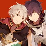  armor blue_eyes blue_hair cape fire_emblem fire_emblem:_kakusei gloves krom male_focus male_my_unit_(fire_emblem:_kakusei) multiple_boys my_unit_(fire_emblem:_kakusei) short_hair smile white_hair 