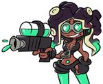  &lt;3 &lt;3_eyes beauty_mark breasts cleavage clothed clothing eyewear female goggles grin marina_(splatoon) midriff nintendo octoling shenanimation simple_background smile solo splatoon tentacle_hair tentacles video_games water_gun white_background 