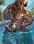  abs anthro bovine cattle clothing erection esperpenta fish hair horn hybrid lifeguard looking_at_viewer male mammal marine muscular nude outside penis pool_(disambiguation) precum roguis scar shark sixpack smile solo standing summer swimming_trunks swimsuit teeth tongue tree water waterdrops waterpoool wet 