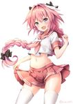  astolfo_(fate) black_bow blush bow braid fang fate/apocrypha fate/grand_order fate_(series) hair_ribbon long_hair looking_at_viewer male_focus midriff navel non_(nobu) open_mouth otoko_no_ko pink_hair pleated_skirt purple_eyes red_sailor_collar red_skirt ribbon sailor_collar school_uniform serafuku short_sleeves simple_background single_braid skirt smile solo standing thighhighs twitter_username very_long_hair white_background white_legwear zettai_ryouiki 