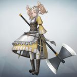 3d apron arms_behind_back axe battle_axe blonde_hair blue_eyes boots breasts corset dress fire_emblem fire_emblem:_kakusei fire_emblem_musou frills full_body game_model gradient_hair highres holding holding_weapon liz_(fire_emblem) looking_at_viewer medium_breasts multicolored_hair official_art short_hair simple_background solo standing twintails underbust weapon 
