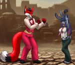  2017 anthro arms_above_head barefoot blue_hair bow_tie breasts canine claws clothing cosplay daleon detailed_background dipstick_tail duo female fingerless_gloves footwear fox furball furball_(character) gloves hair inner_ear_fluff king_of_fighters lagomorph long_hair male mammal midriff multicolored_tail navel necktie outside pants rabbit scar shirt shoes smile suspenders thong toe_claws vest 