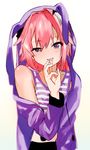  animal_hood astolfo_(fate) banned_artist black_bow blush bow braid bunny_hood fate/apocrypha fate/grand_order fate_(series) hair_ribbon highres hood hood_up hoodie lips male_focus midriff pink_hair purple_eyes ribbon shirt single_braid smile solo striped striped_shirt yuzuha 